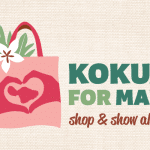 Pink shopping bag with hands forming a heart around Maui island. Text saying "Kokua for Maui Shop & Show Aloha." Photos of businesses and craft fairs on the sides.