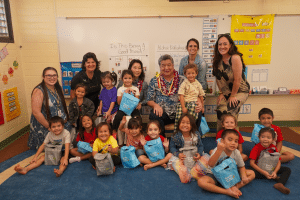 Lt. Gov. Sylvia Luke with legislator, teachers, and pre-K students smiling in a Ready Keiki preschool classroom in Kauaʻi. 