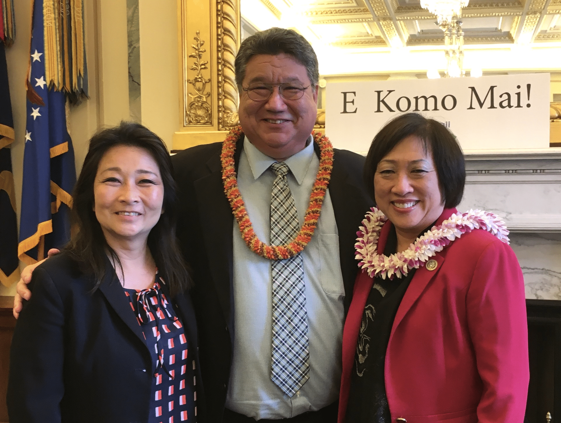 From left: Lt. Gov. Sylvia Luke (then a state representative), Sen. Ronald D. Kouchi, and Congresswoman Colleen Hanabusa at the Hawaiʻi on the Hill Policy Summit in Washington, D.C., 2018. 